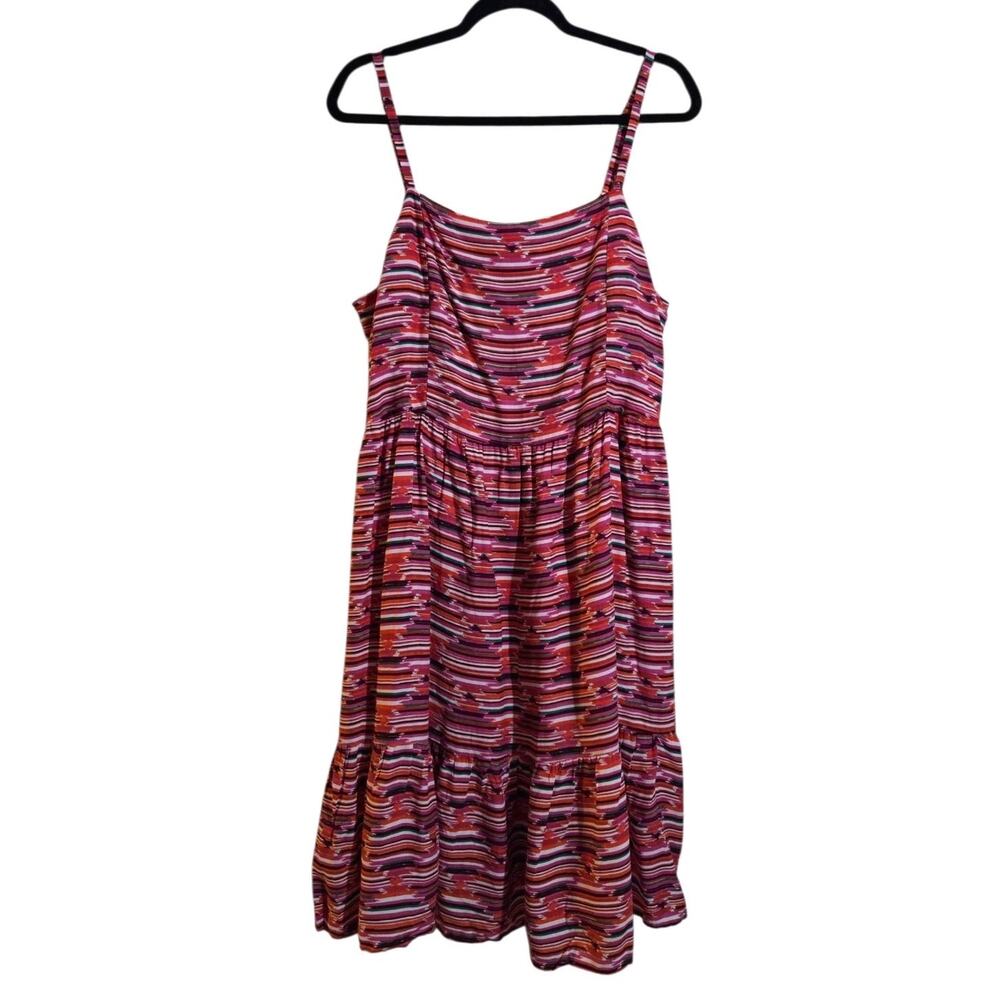 LOFT Smocked Midi Red Dress Ikat Print Western Boho Summer Casual Women's Sz 16